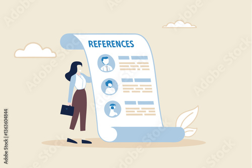 Professional references resume, people who recommend, working experience or recommendation for candidate, skill guarantee concept, business woman with reference people and work experience document.