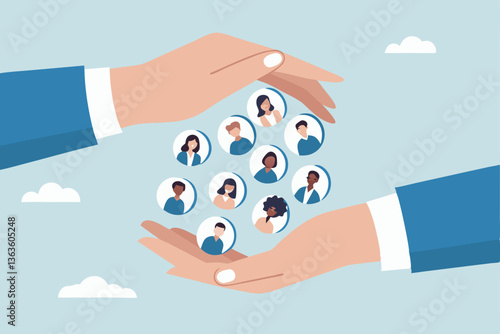 Customer retention, marketing strategy for customer loyalty, employee engagement, recruitment or human resource hiring, consumer care or benefit concept, businessman hand holding customer with care.