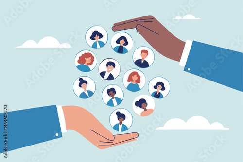 Customer retention, marketing strategy for customer loyalty, employee engagement, recruitment or human resource hiring, consumer care or benefit concept, businessman hand holding customer with care.