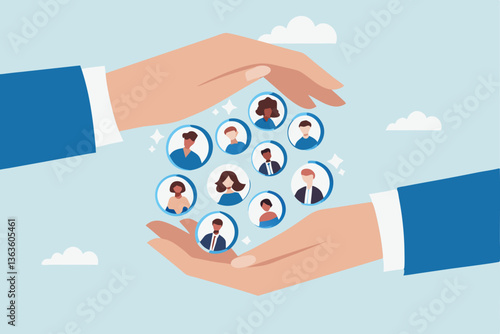 Customer retention, marketing strategy for customer loyalty, employee engagement, recruitment or human resource hiring, consumer care or benefit concept, businessman hand holding customer with care.