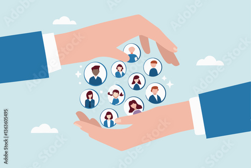 Customer retention, marketing strategy for customer loyalty, employee engagement, recruitment or human resource hiring, consumer care or benefit concept, businessman hand holding customer with care.