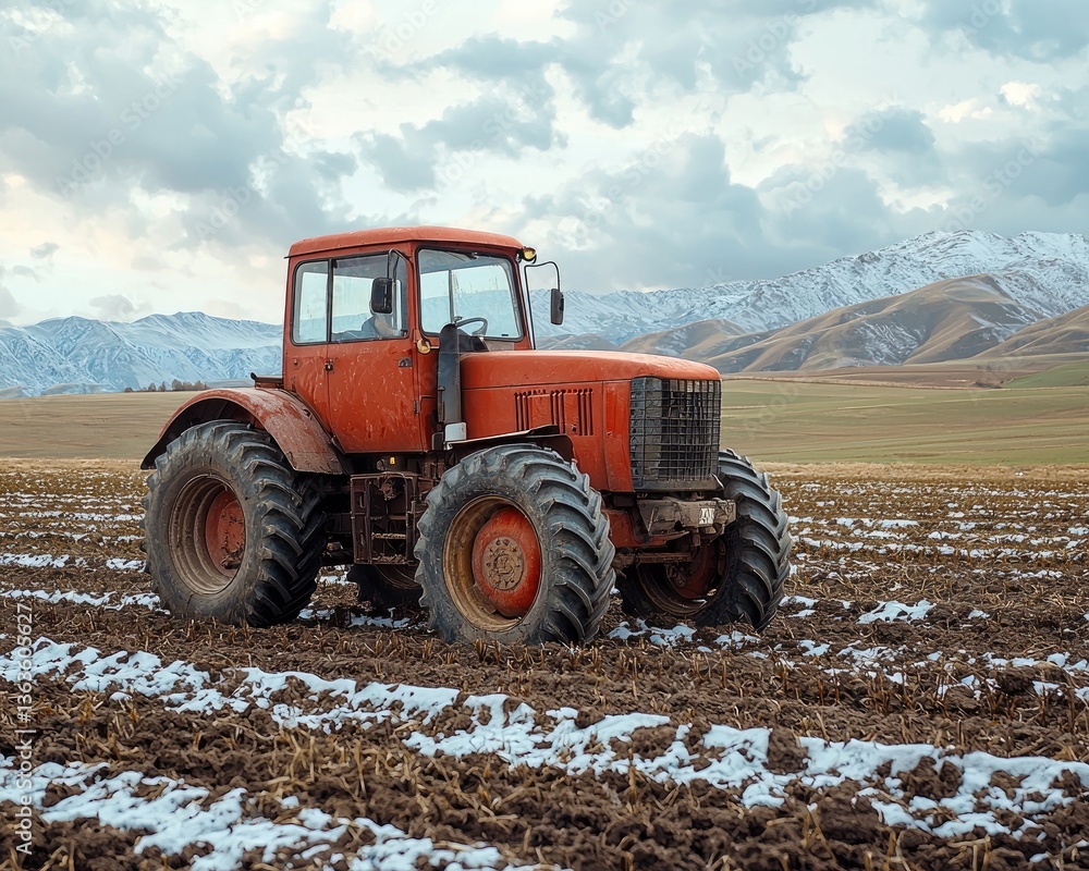 Fototapeta premium Vintage tractor plowing a snowy field with mountains in the background