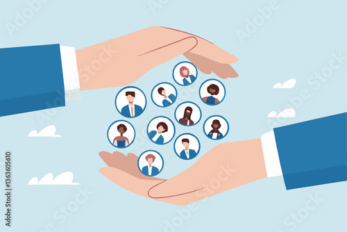 Customer retention, marketing strategy for customer loyalty, employee engagement, recruitment or human resource hiring, consumer care or benefit concept, businessman hand holding customer with care.