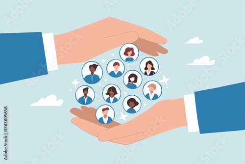 Customer retention, marketing strategy for customer loyalty, employee engagement, recruitment or human resource hiring, consumer care or benefit concept, businessman hand holding customer with care.