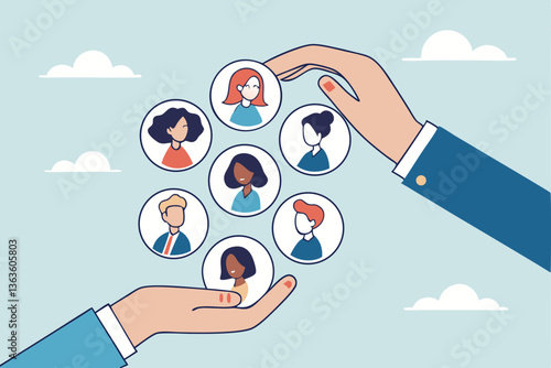 Customer retention, marketing strategy for customer loyalty, employee engagement, recruitment or human resource hiring, consumer care or benefit concept, businessman hand holding customer with care.