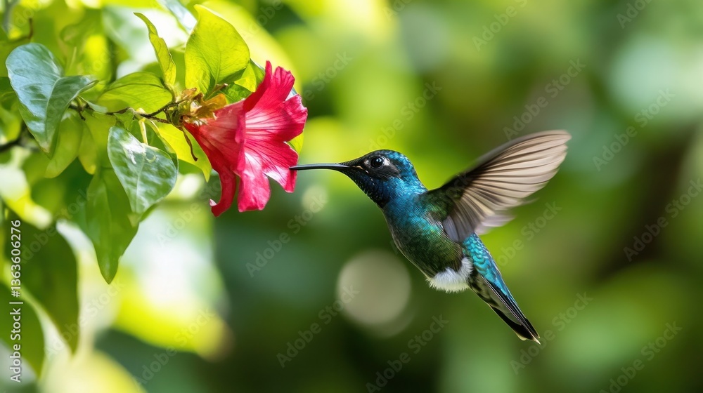 Naklejka premium Hummingbird flying near red flower