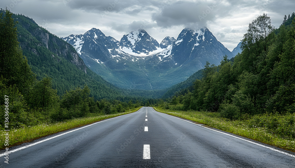 Straight road into valley with snow capped mountains under cloudy skies Straight road into valley with snow capped mountains under cloudy skies