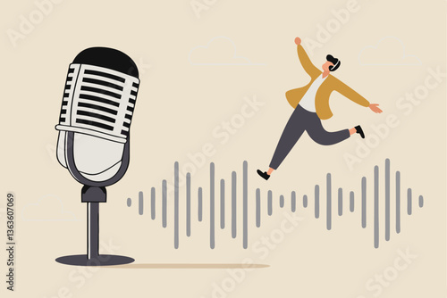 Podcast listening, microphone broadcasting with knowledge learning, personal development or voice communication to success concept, businessman walking on sound wave from podcasting microphone.