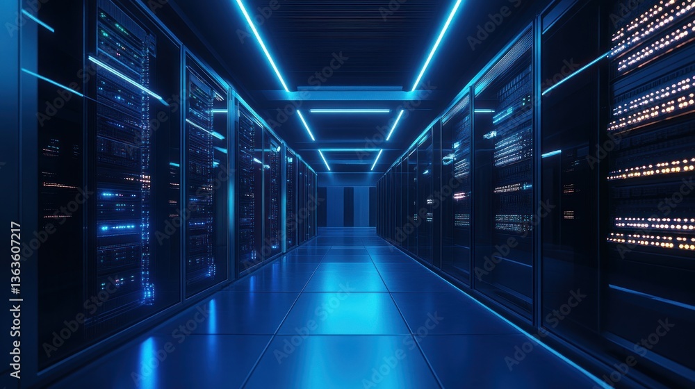 Futuristic server room with neon lighting showcasing advanced data infrastructure Futuristic server room with neon lighting showcasing advanced data infrastructure