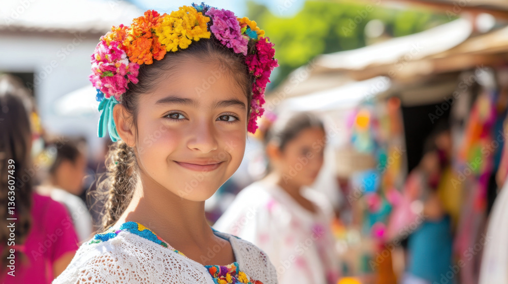 Fototapeta premium Vibrant cultural summer fair with smiling girl in colorful traditional attire