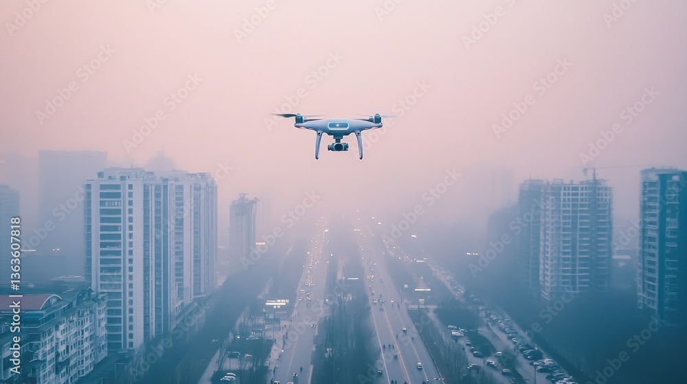 Drone flying over a smoggy city at dawn. Drone flying over a smoggy city at dawn.