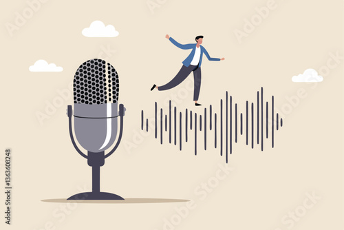 Podcast listening, microphone broadcasting with knowledge learning, personal development or voice communication to success concept, businessman walking on sound wave from podcasting microphone.