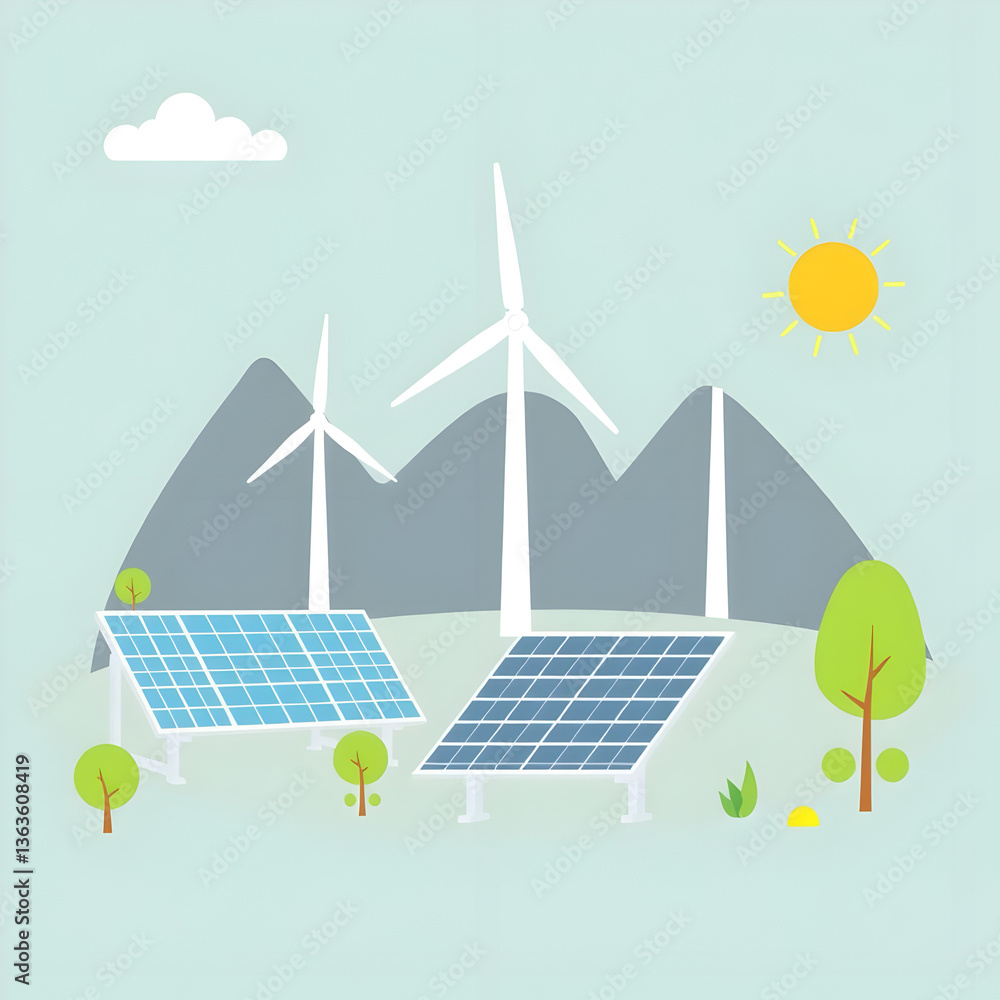 Illustration of a renewable energy sources wind turbines and solar panels Illustration of a renewable energy sources wind turbines and solar panels