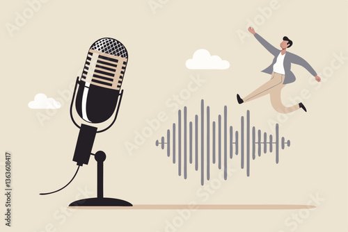 Podcast listening, microphone broadcasting with knowledge learning, personal development or voice communication to success concept, businessman walking on sound wave from podcasting microphone.