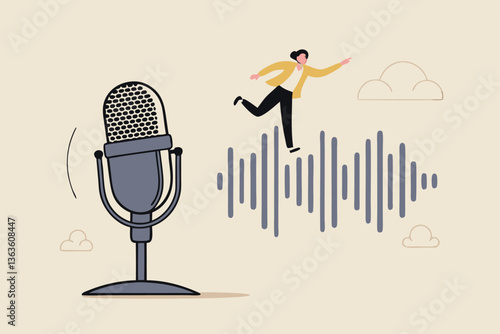 Podcast listening, microphone broadcasting with knowledge learning, personal development or voice communication to success concept, businessman walking on sound wave from podcasting microphone.