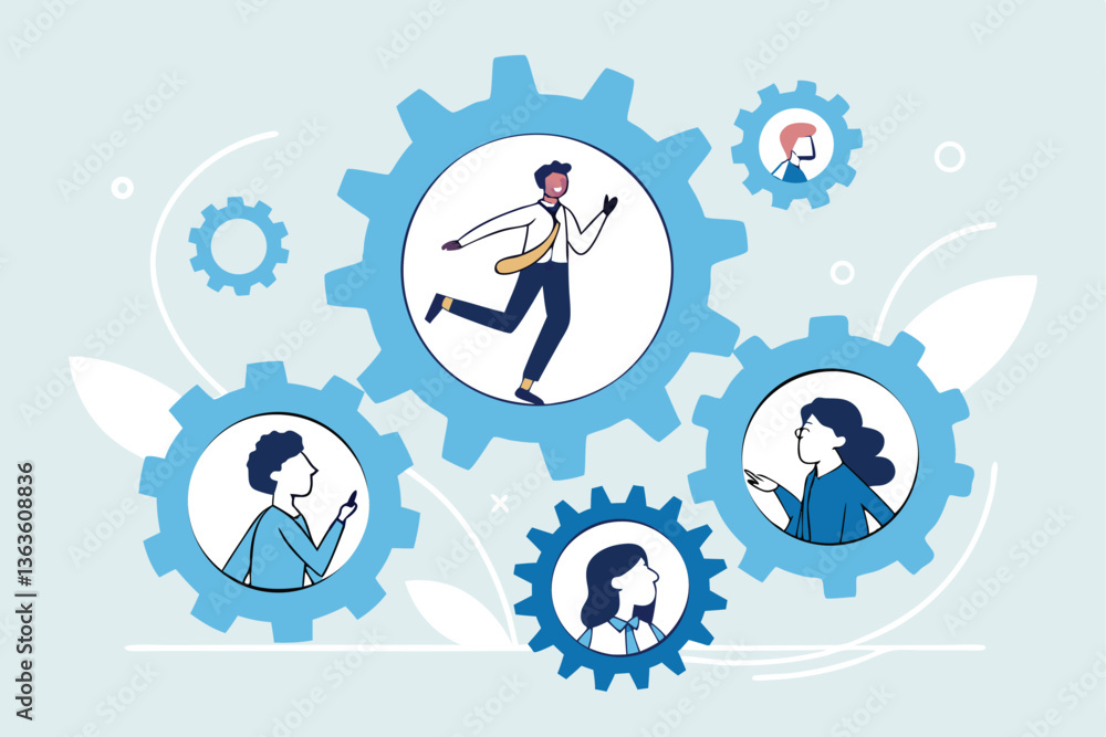 Roles and responsibilities, teamwork or resource management, work delegation, role definition or supervision, job position or organization concept, business man on gear cogwheels work with employees. Roles and responsibilities, teamwork or resource management, work delegation, role definition or supervision, job position or organization concept, business man on gear cogwheels work with employees.
