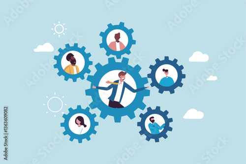 Roles and responsibilities, teamwork or resource management, work delegation, role definition or supervision, job position or organization concept, business man on gear cogwheels work with employees.