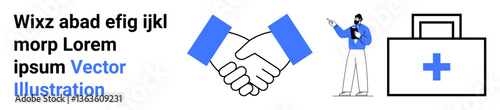 Handshake symbol, presenter with clipboard pointing at data, and medical box with cross. Ideal for business collaboration, healthcare, partnerships, corporate presentations, teamwork, agreements