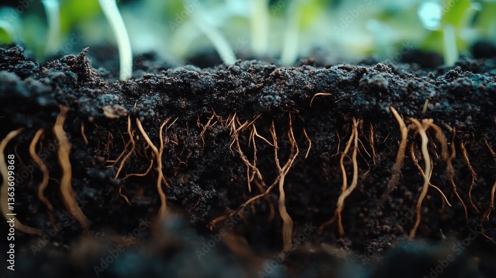 Fototapeta premium Close-up of rich, dark soil with intricate textures, tiny roots, and organic patterns, raw nature