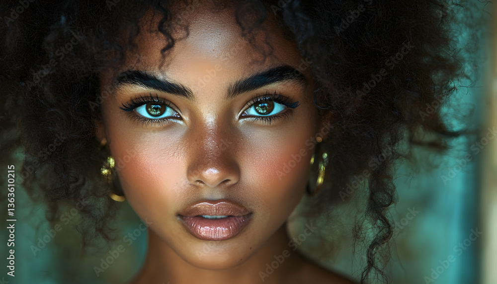 Fototapeta premium Stunning, young woman with dark curly hair and captivating green eyes, gold hoop earrings
