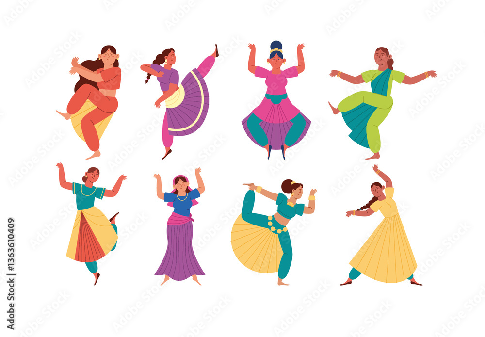 Colorful Kathak Indian Women Dance Culture Illustration Set Stock ...