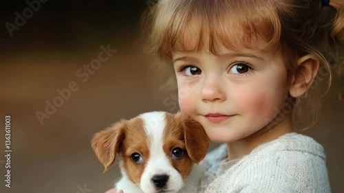 Adorable Child Cuddling a Puppy