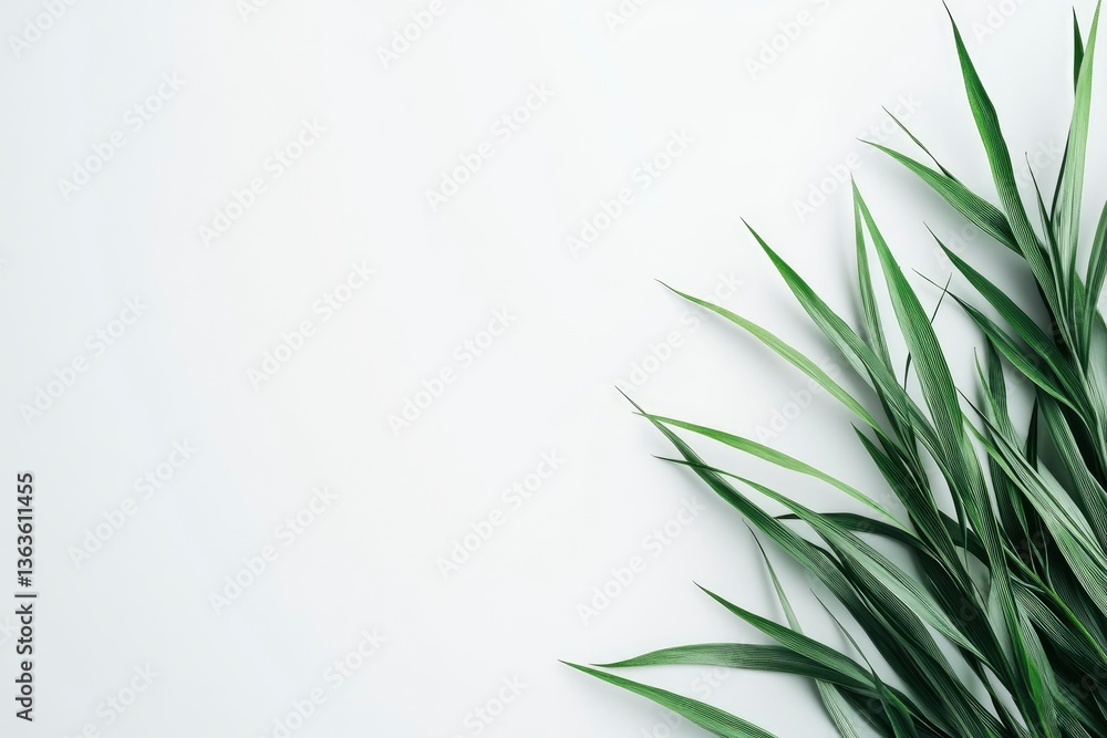Green Leaves on White Background Minimalist Plant Layout Natural Freshness Green Leaves on White Background Minimalist Plant Layout Natural Freshness