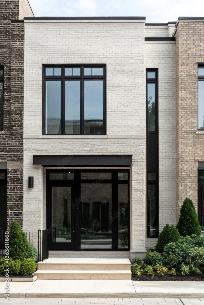 Naklejka premium Modern architectural design features a sleek front entrance with large windows and contemporary landscaping in an urban setting during daylight hours