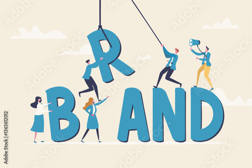 Build branding create brand awareness advertising, product or company value strategy, build reputation or identity for customer recognition concept, business people help building the word BRAND.