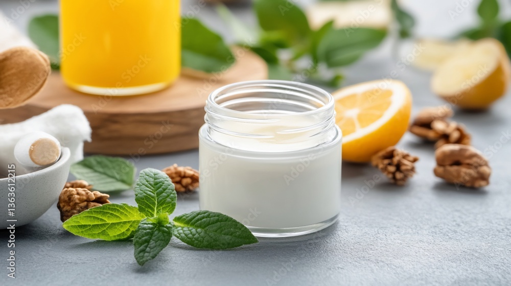 Cream, juice, lemon, and nuts adorn gray surface in vibrant freshness Cream, juice, lemon, and nuts adorn gray surface in vibrant freshness