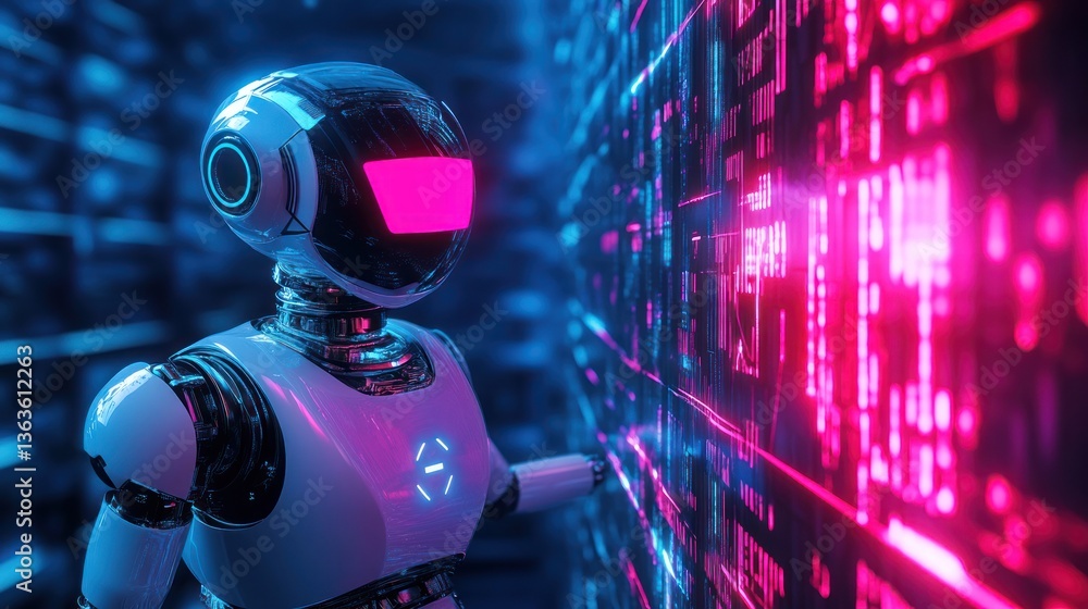 Futuristic AI robotic assistant analyzing complex data in a neon lit environment Futuristic AI robotic assistant analyzing complex data in a neon lit environment