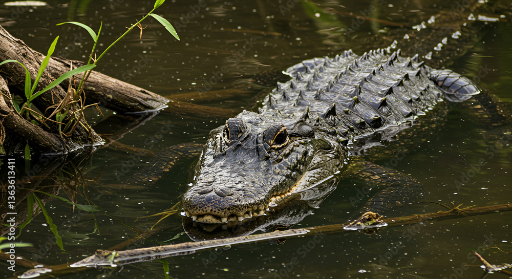 Fototapeta premium Alligator emerging from murky swamp: an apex predator in its environment