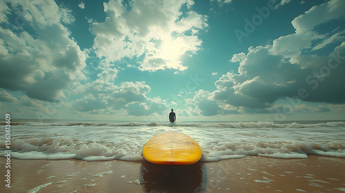 Sunny beach shot of person walking into ocean with surfboard on shore