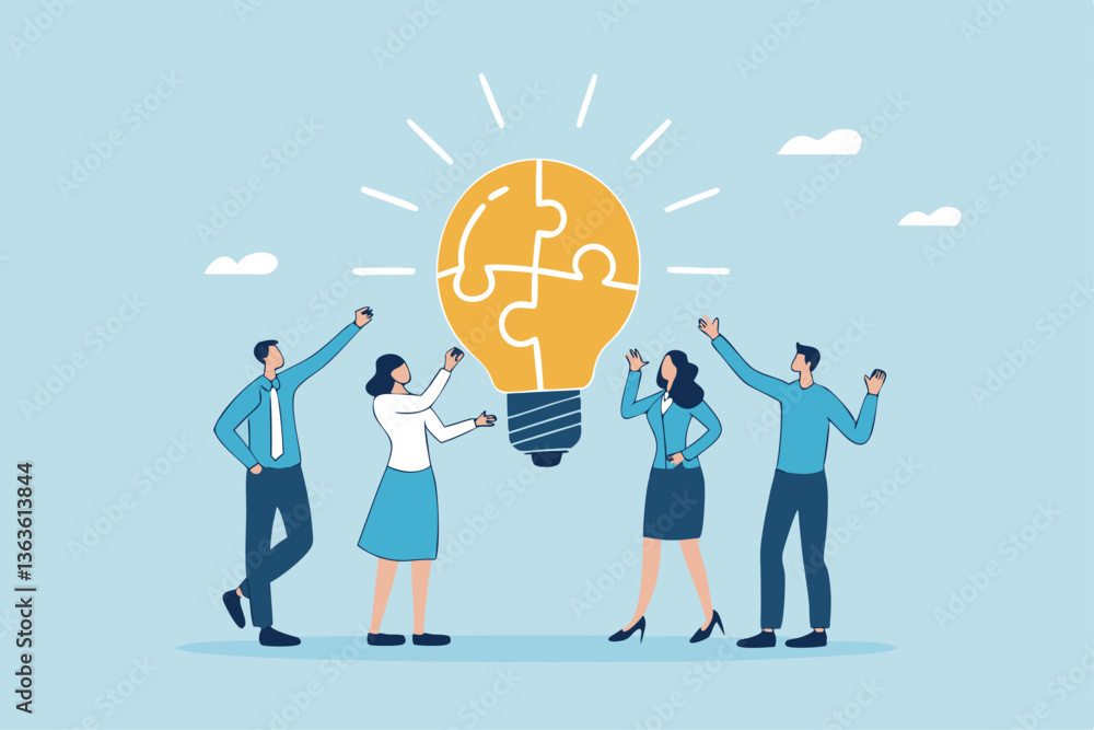 Idea brainstorming, cooperation or collaboration to get solution, teamwork or team meeting to develop idea together, employee participation concept, business people connect lightbulb jigsaw puzzle. Idea brainstorming, cooperation or collaboration to get solution, teamwork or team meeting to develop idea together, employee participation concept, business people connect lightbulb jigsaw puzzle.