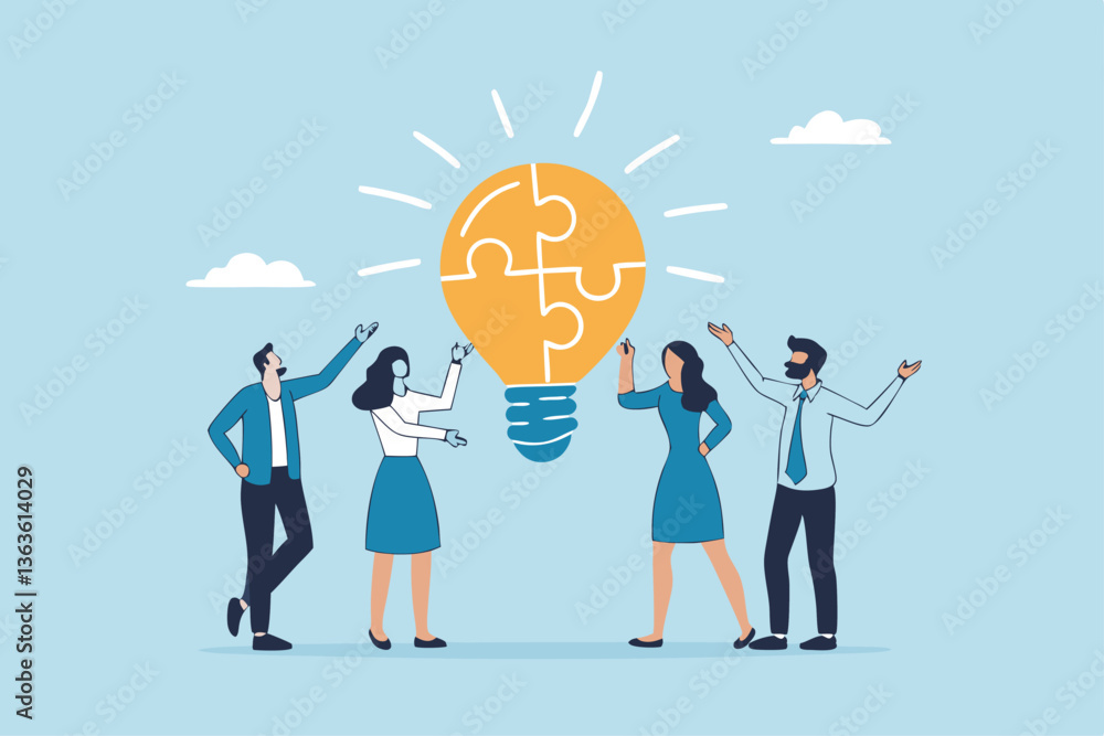 Idea brainstorming, cooperation or collaboration to get solution, teamwork or team meeting to develop idea together, employee participation concept, business people connect lightbulb jigsaw puzzle. Idea brainstorming, cooperation or collaboration to get solution, teamwork or team meeting to develop idea together, employee participation concept, business people connect lightbulb jigsaw puzzle.