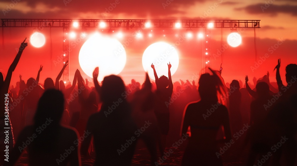 Crowd enjoys music and dance at night with vibrant red stage lights Crowd enjoys music and dance at night with vibrant red stage lights
