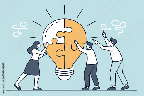 Idea brainstorming, cooperation or collaboration to get solution, teamwork or team meeting to develop idea together, employee participation concept, business people connect lightbulb jigsaw puzzle.