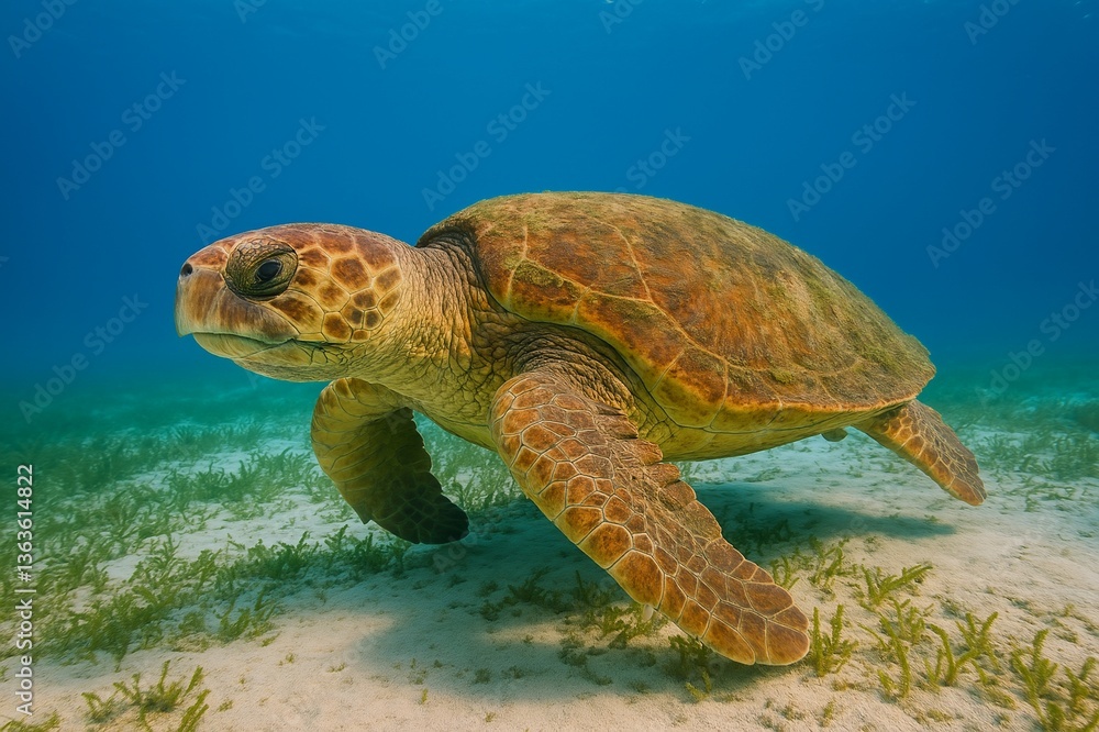 Obraz premium Graceful Green Sea Turtle Swimming in Clear Tropical Waters