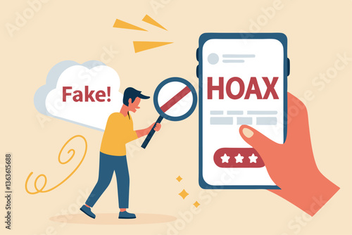 Fake news, false information sharing on social media, hoax or lies censorship, fake website cheating, scam or dishonesty report concept, man magnifying glass on social media as fake news attention.