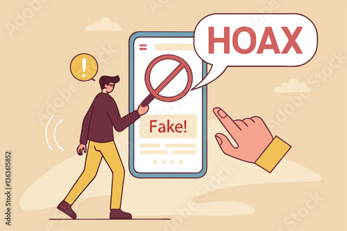 Fake news, false information sharing on social media, hoax or lies censorship, fake website cheating, scam or dishonesty report concept, man magnifying glass on social media as fake news attention.