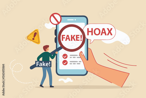 Fake news, false information sharing on social media, hoax or lies censorship, fake website cheating, scam or dishonesty report concept, man magnifying glass on social media as fake news attention.