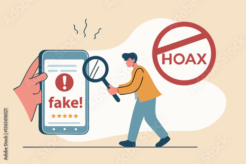 Fake news, false information sharing on social media, hoax or lies censorship, fake website cheating, scam or dishonesty report concept, man magnifying glass on social media as fake news attention.