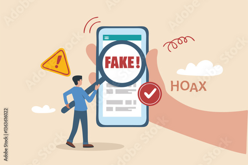 Fake news, false information sharing on social media, hoax or lies censorship, fake website cheating, scam or dishonesty report concept, man magnifying glass on social media as fake news attention.