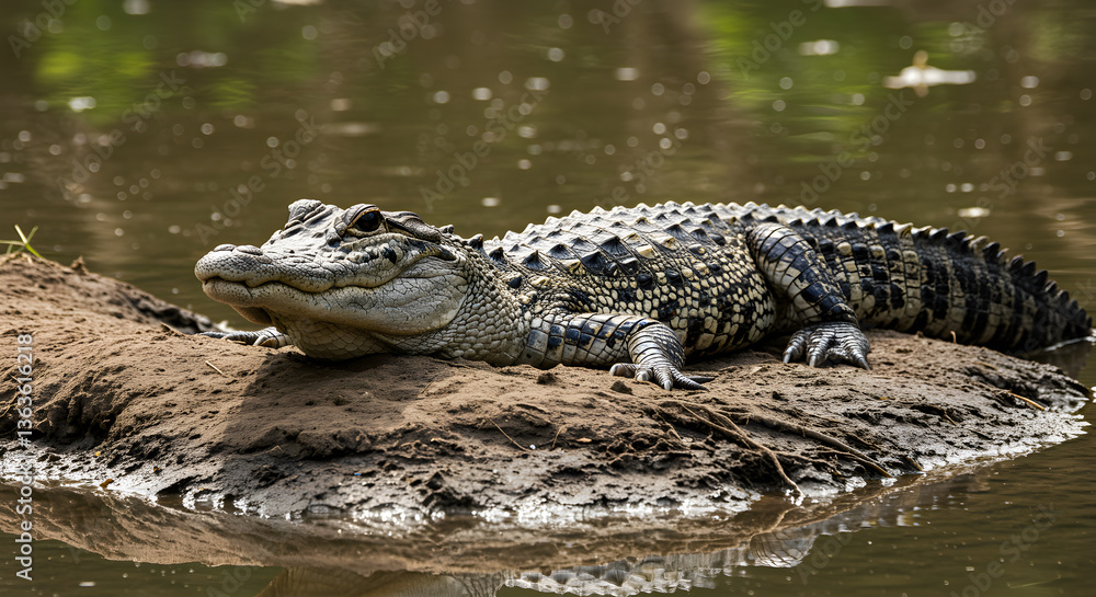 American alligator basking on a muddy mound in its natural habitat wildlife American alligator basking on a muddy mound in its natural habitat wildlife