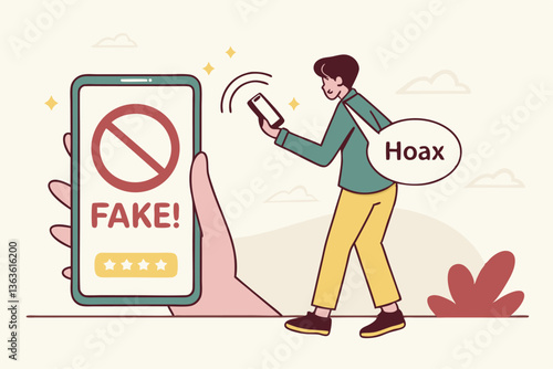Fake news, false information sharing on social media, hoax or lies censorship, fake website cheating, scam or dishonesty report concept, man magnifying glass on social media as fake news attention.