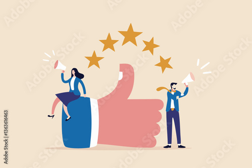 Recommendation, like or business feedback, office reputation, customer feedback or announce best quality promotion, recommend career concept, business people announce on megaphone with thumbs up.