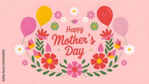 happy mothers day floral greeting card with pink and red flowers decorative elements and balloons celebrating motherhood with elegant typography on a white background