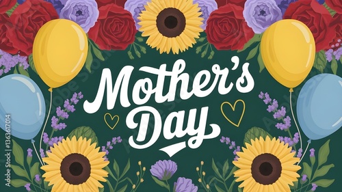Illustrated mother's day message with flowers and balloons