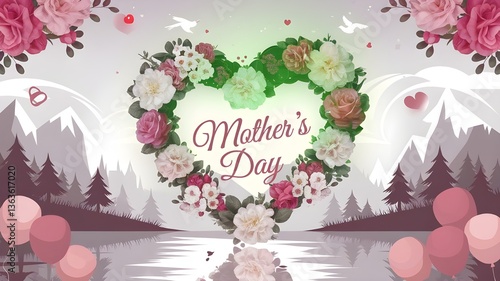 Floral heart for mother's day with mountain backdrop