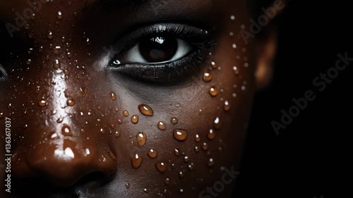 Close-Up of a Glowing Eye with Water Drops on Black Skin, Evoking Intensity